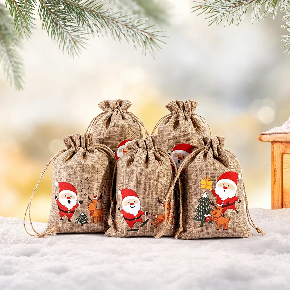 Christmas Burlap Drawstring Gift Bag – Festive Linen Pouch