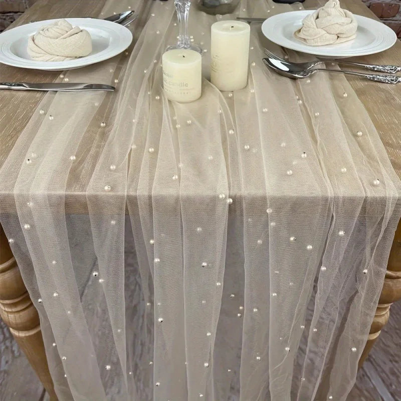 White Pearl Tulle Mesh Table Runner – Wedding & Party Décor