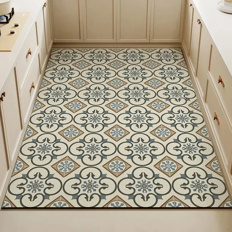 Vintage Floral Tile Non-Slip Washable Floor Mat Rug