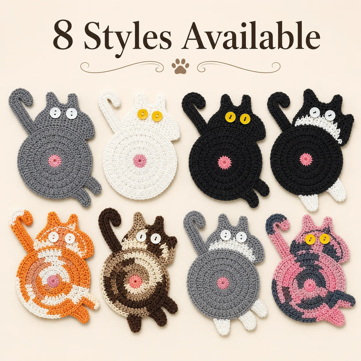 Handmade Crochet Cat Coaster – Knitted Felt Mug Pad Gift