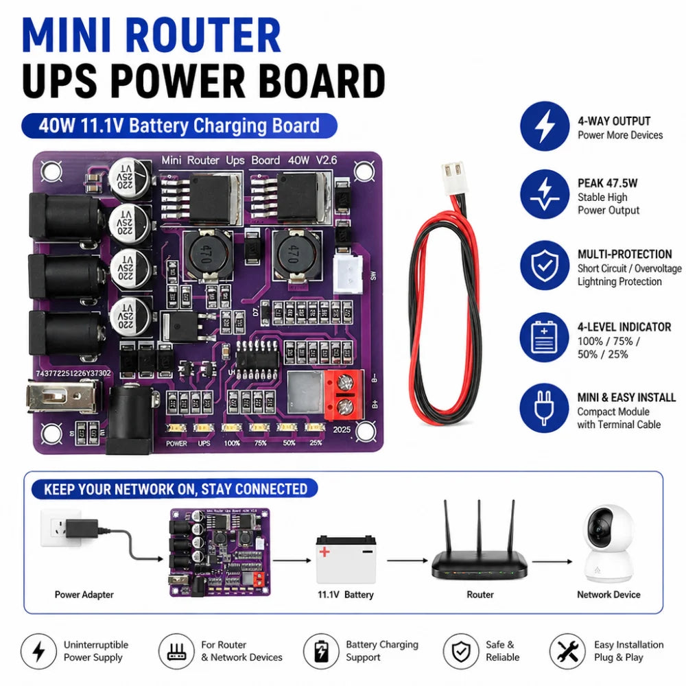 40W 4-Port Router UPS Board – 11.1V LiPo Power Module