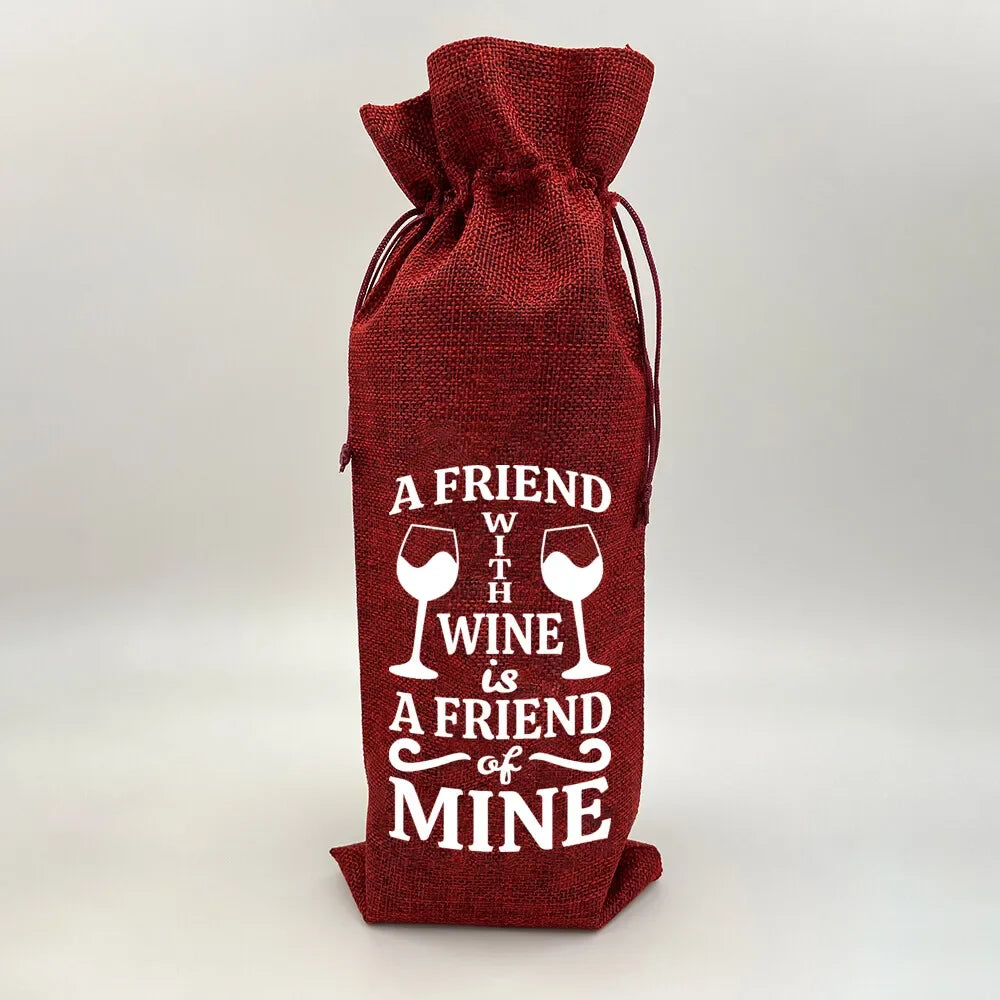Wine Print Burlap Drawstring Bag – Reusable Eco Gift Pouch