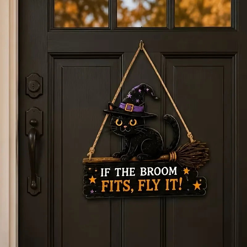 Halloween Wooden Door Sign – Black Cat Pumpkin Skull Plaque