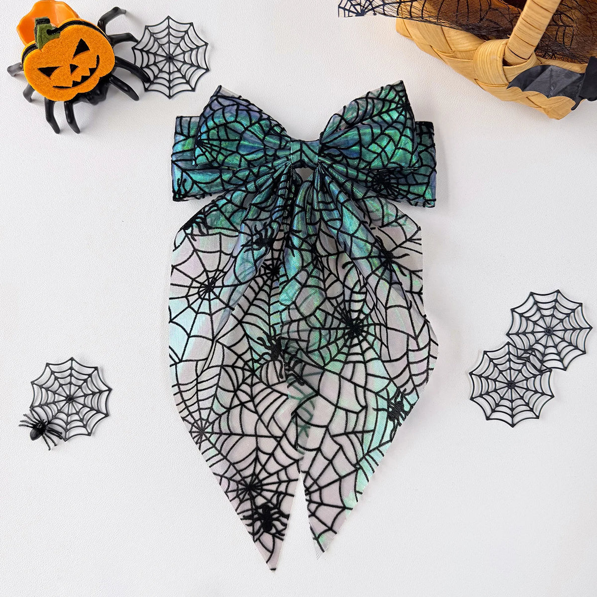 Halloween Satin Bow Hair Clip – Spider Web Pumpkin Barrette