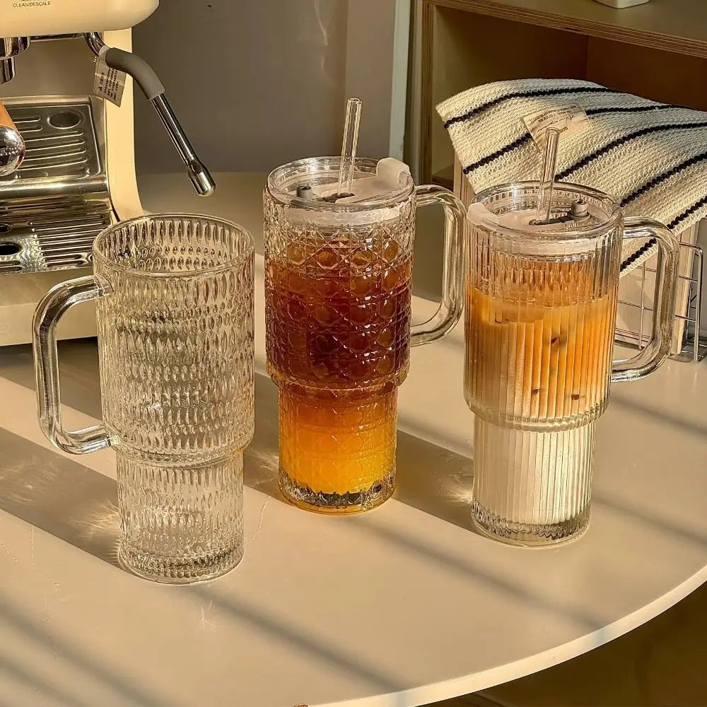 600ml Glass Tumbler Cup with Handle, Straw & Sealed Lid