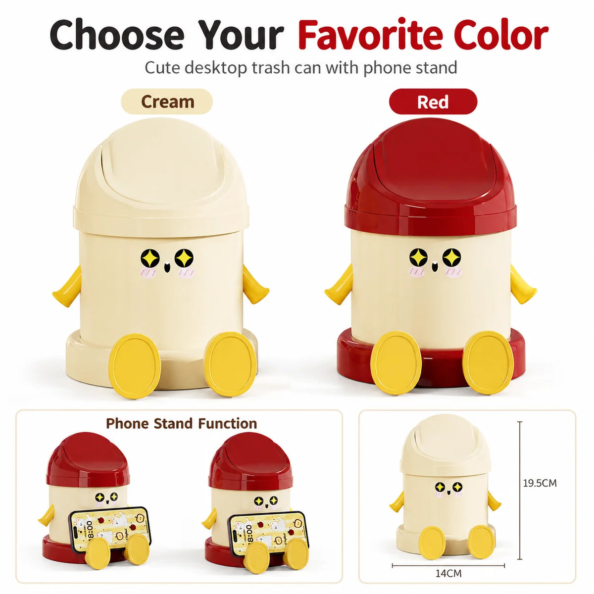 Cartoon Desktop Trash Can with Phone Stand & Flip Lid