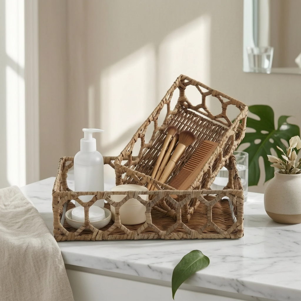 2-Pack Rectangular Rattan Storage Baskets | Wicker Organizer