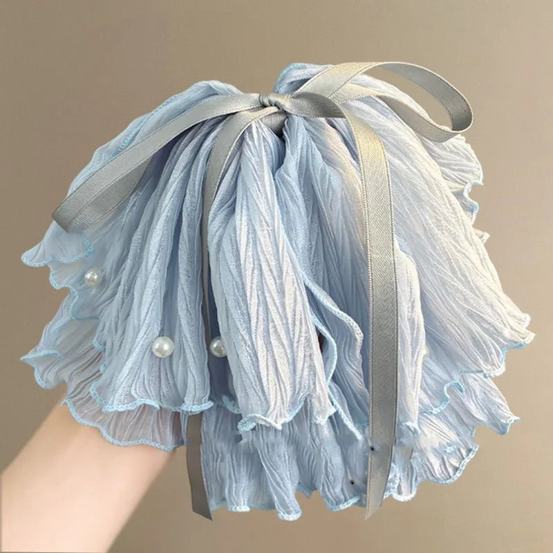 Blue Ruffle Bow Hair Clip with Pearl Decor | Elegant Barrette