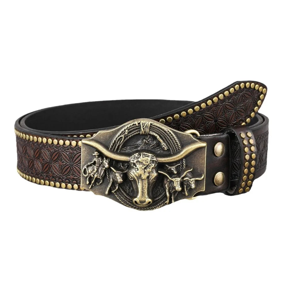 Vintage Western Cowboy PU Leather Belt – Ox Head Buckle