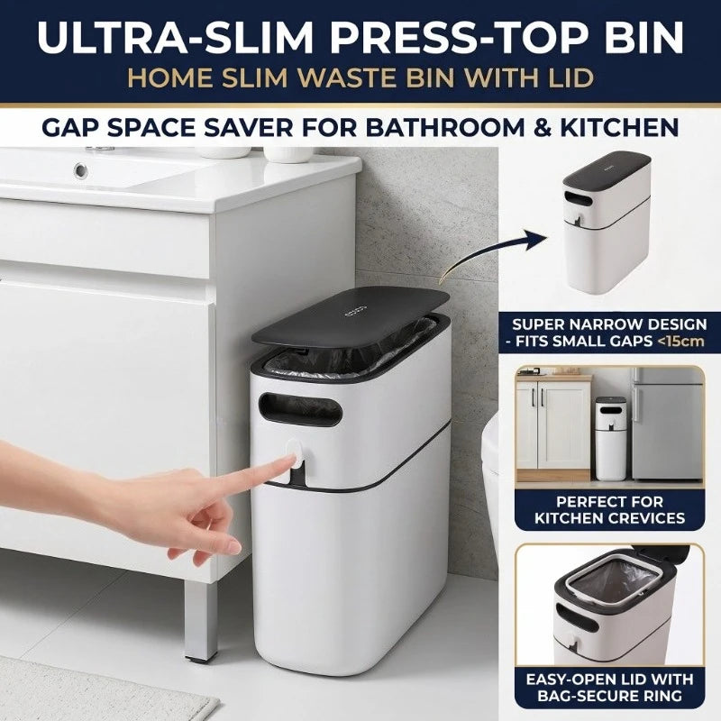 Slim One-Touch Odor-Proof Trash Can – 8L Space-Saving Bin