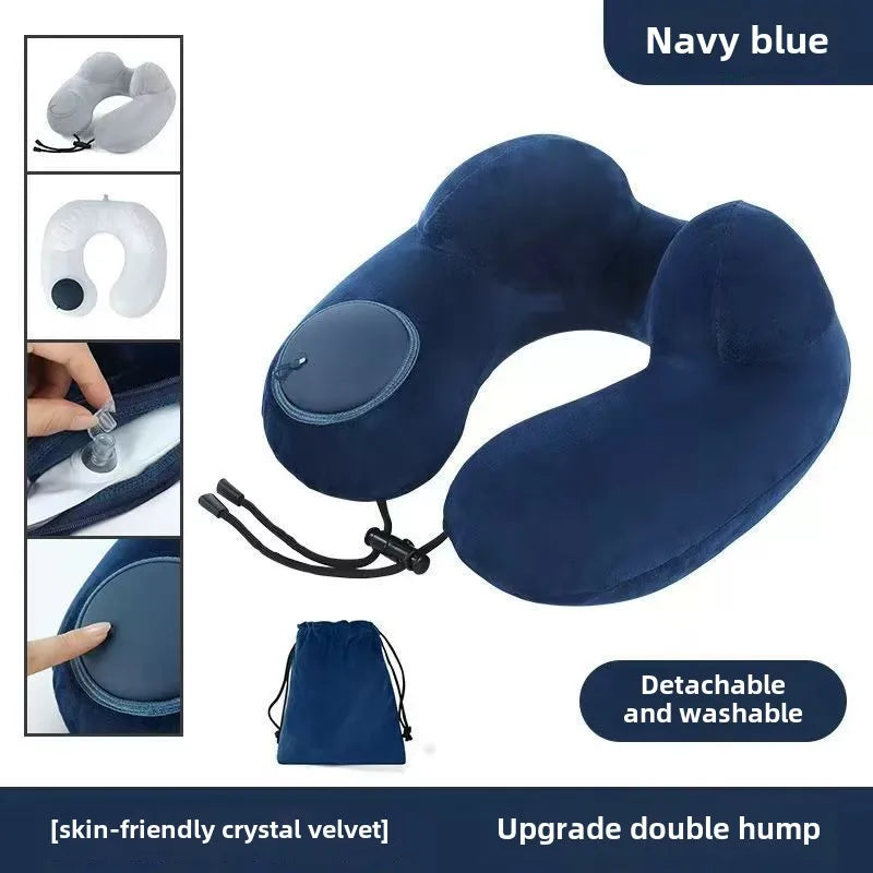 Inflatable U-Shape Travel Neck Pillow with Plush Cover & Bag