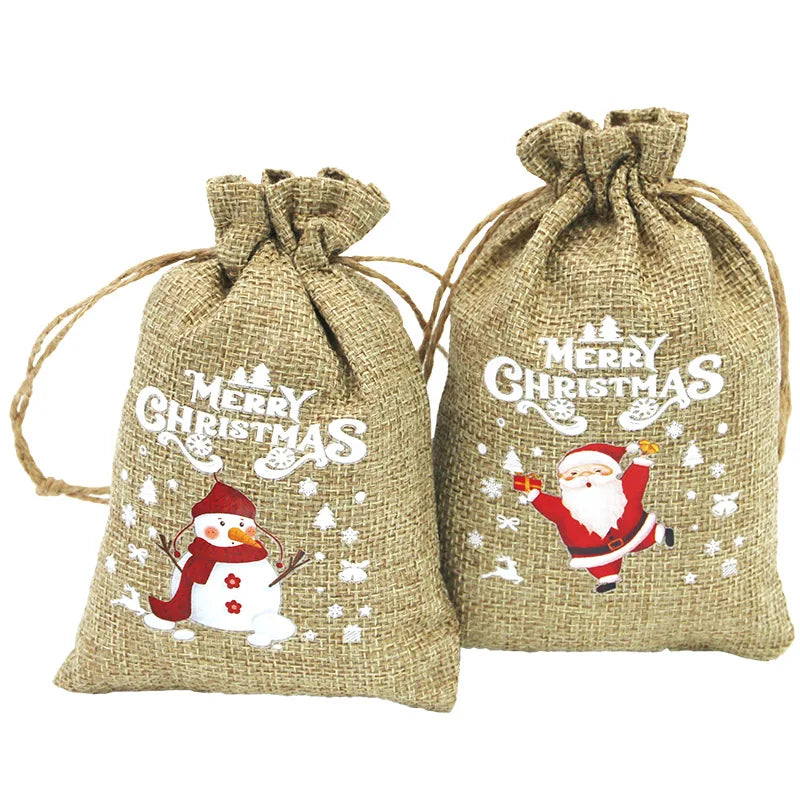 5-Pack Linen Christmas Gift Bags – Apple & Santa Pattern