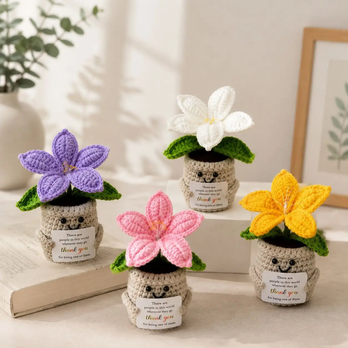 Crochet Lily Flower Pot Doll with Thank You Card | Desk Decor Gift