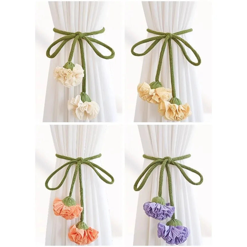 Flower Curtain Tiebacks with Tassels | Braided Rope Holdbacks