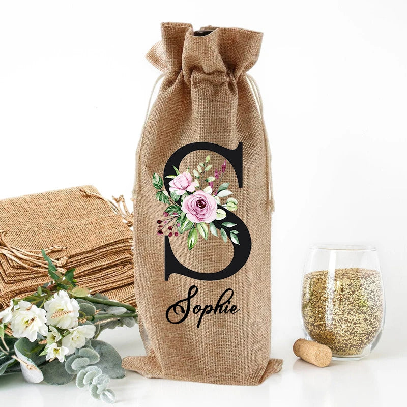 Personalized Burlap Wine Bottle Bag | Custom Drawstring Gift Bag