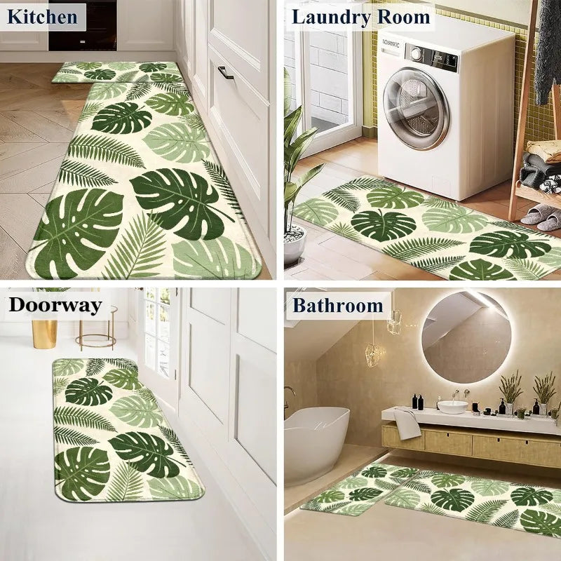 VIKAMA Boho Tropical Plant Flannel Rug – Washable Indoor Mat