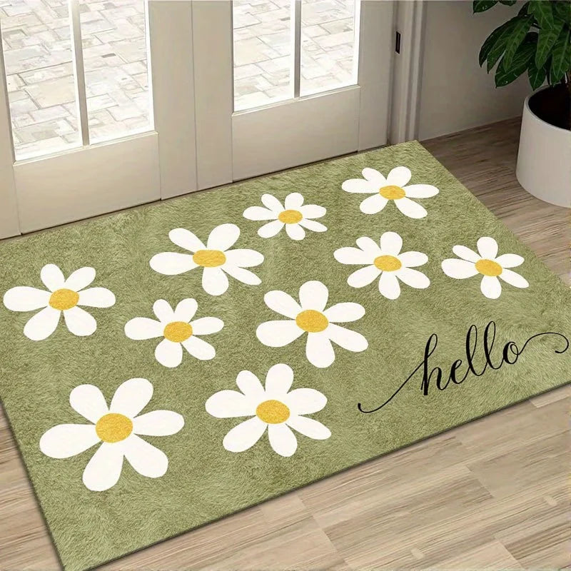 Sage Green Daisy Hello Doormat – Floral Anti-Slip Entrance Rug