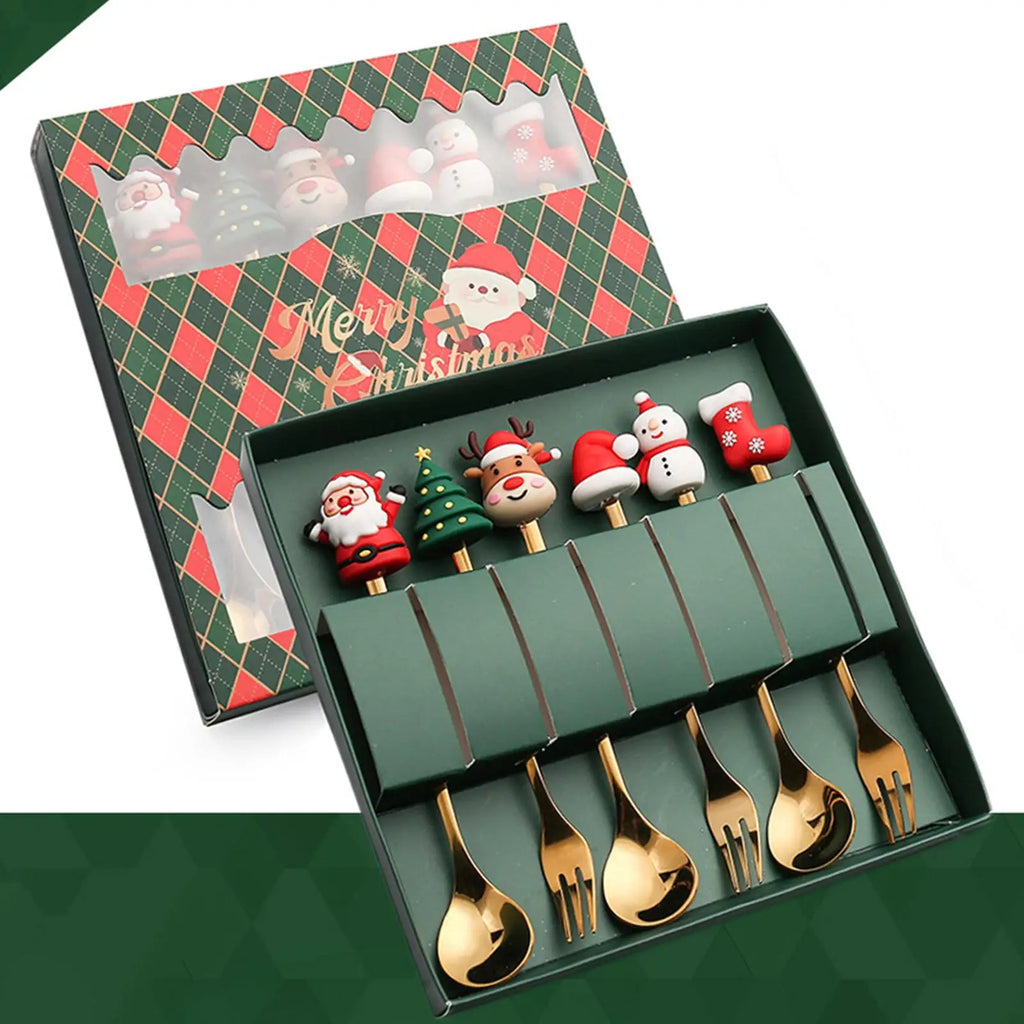 Christmas Stainless Steel Dessert Spoons & Forks Set – 6 Pc