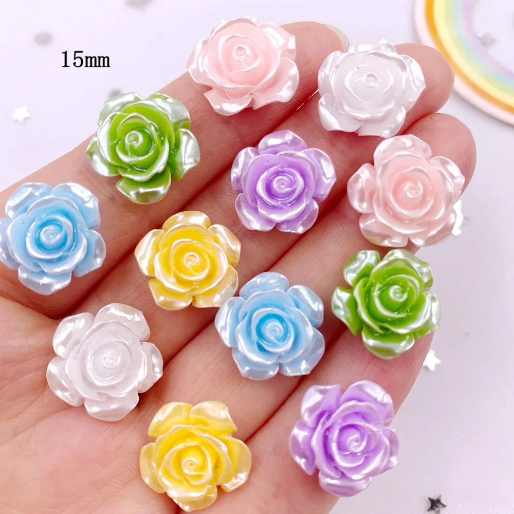 40Pcs 15mm Resin Glitter Pearl Rose Flatback Flower Embellishments