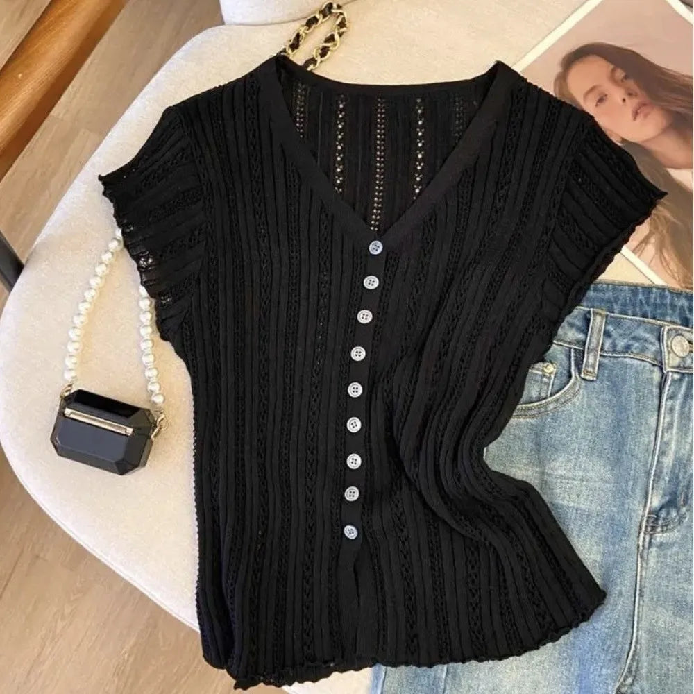 Women's Ice Silk V-Neck Hollow Knit Cardigan Short Sleeve Top