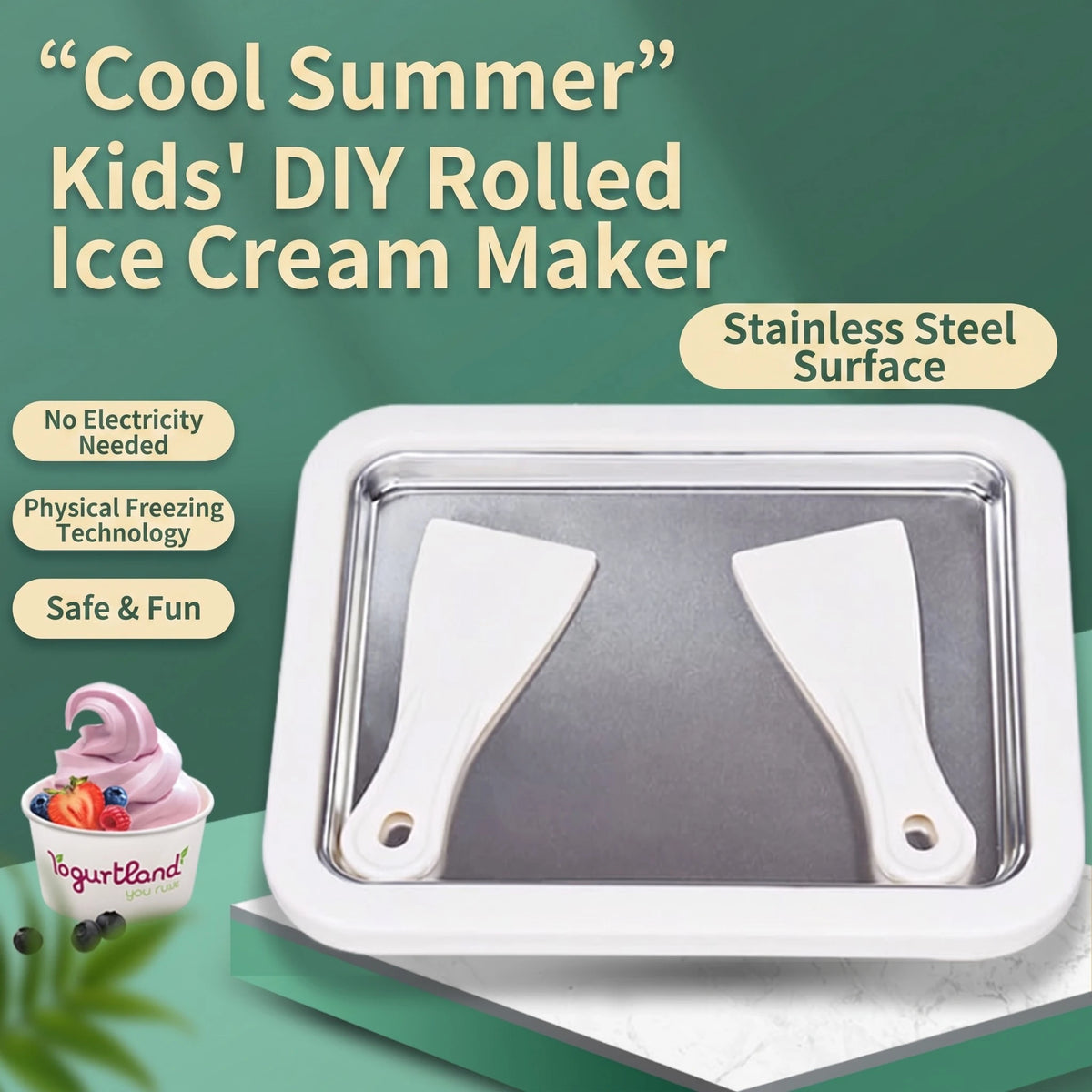 Rolled Ice Cream Maker Plate with 2 Scrapers | No-Power