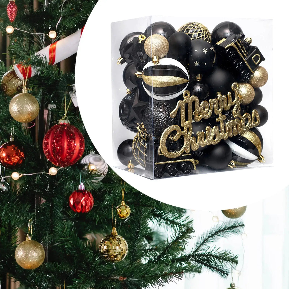 Black Gold Shatterproof Christmas Ball Ornaments – 65-Piece Set