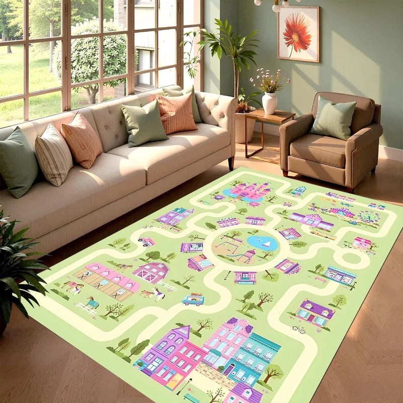 Pink Kids Play Rug – Town Road Track Mat, Non-Slip & Washable