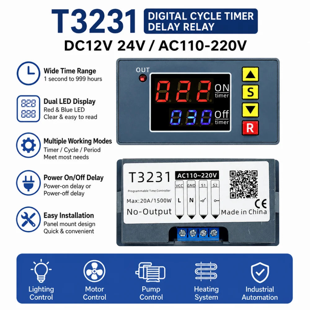 T3231 Cyclic Timer Relay DC12V 24V AC110-220V Digital Controller