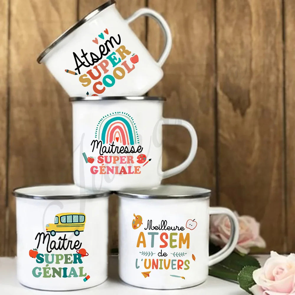 Teacher Gift Enamel Coffee Mug – Vintage Cartoon Print