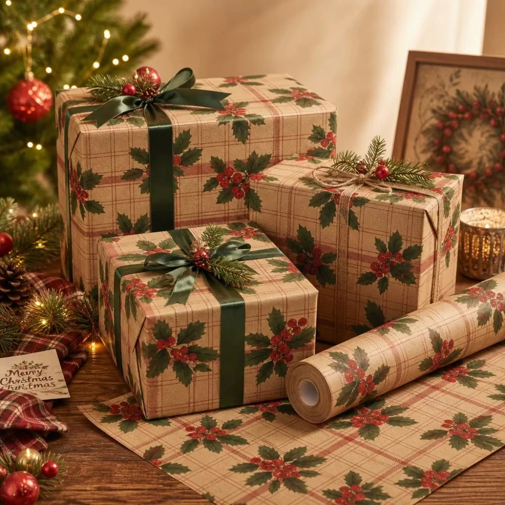 Christmas Wrapping Paper Roll 5M – 4 Festive Kraft Designs