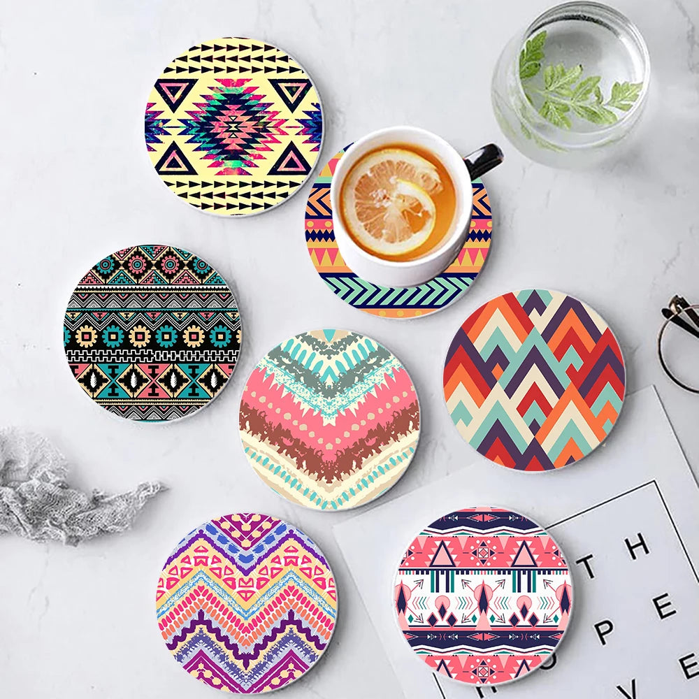 Bohemian Ceramic Coasters with Cork Base | Boho Home Décor