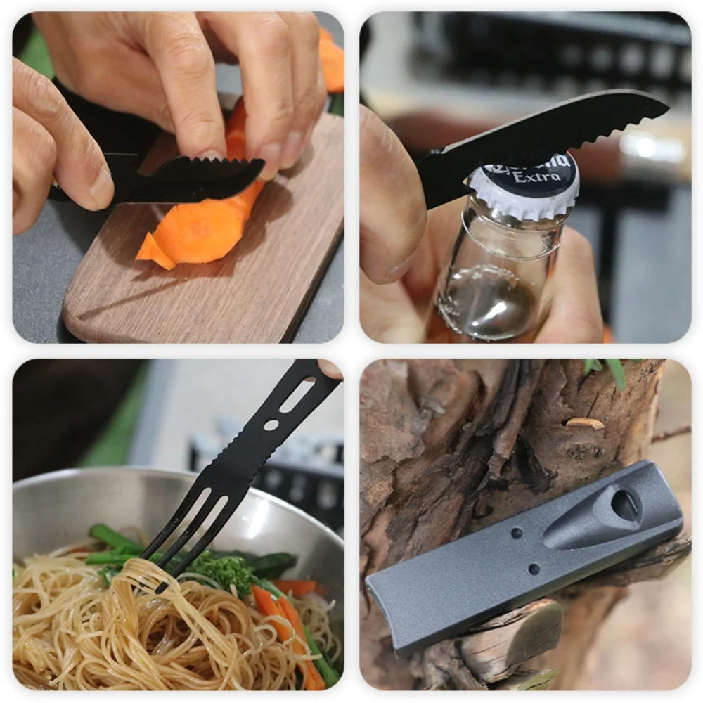 Stainless Steel Camping Cutlery Set – Knife, Fork, Spoon & Whistle