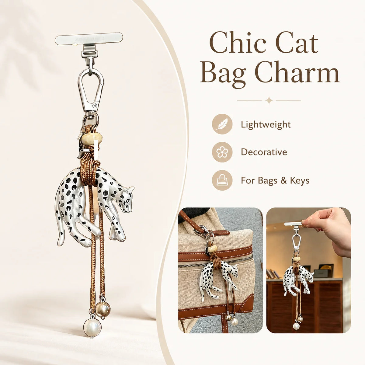 Leopard Bag Charm Keychain – Braided Pendant & Pearl Tassel