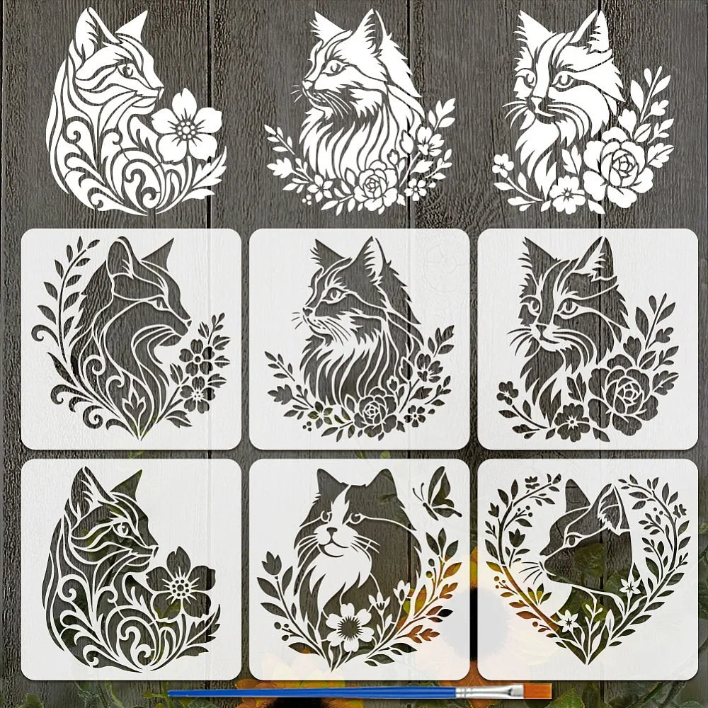 6-Piece Cat & Floral PET Hollow Painting Stencils 30x30cm