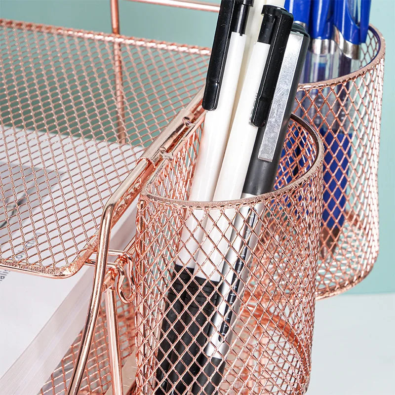 Iron Desktop File Storage Rack – Rose Gold Grid Organizer
