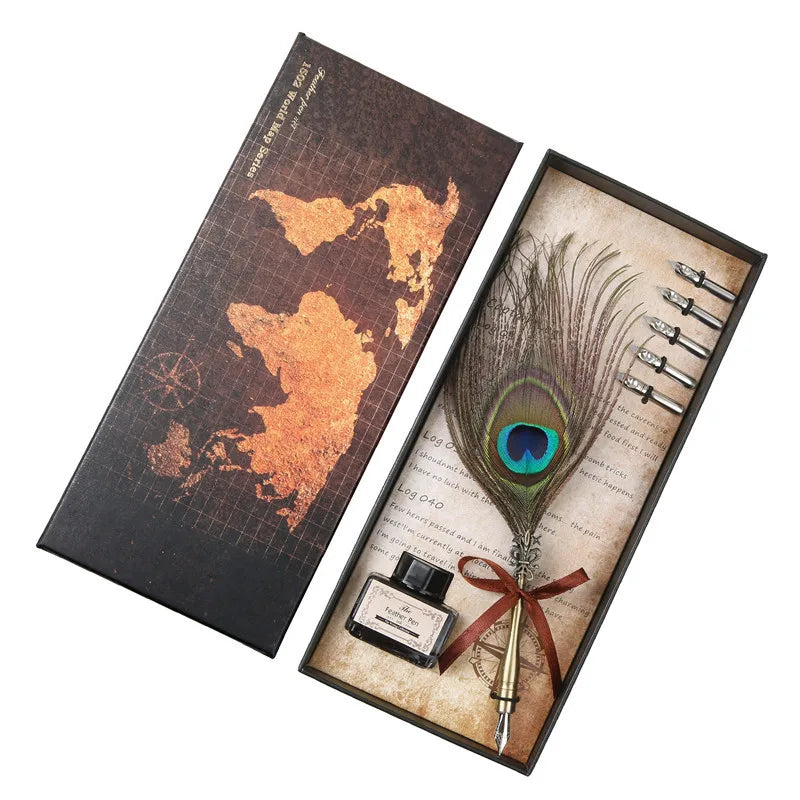 Peacock Feather Quill Dip Pen Set – Ink & 5 Nibs Gift Box