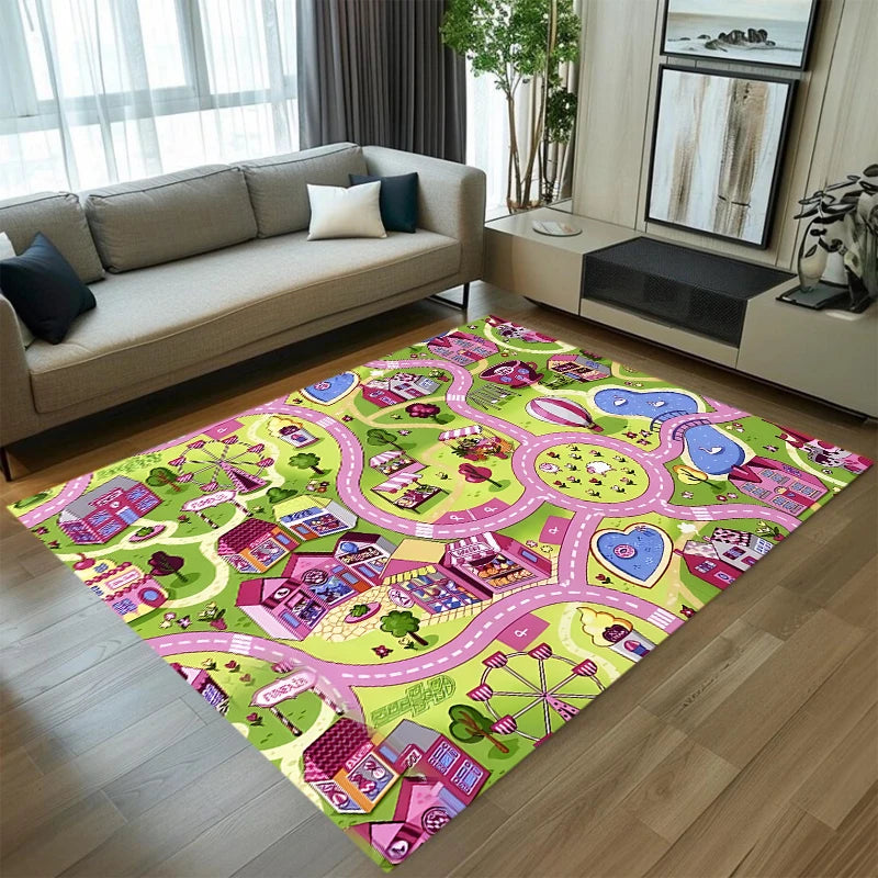 Pink Kids Play Rug – Town Road Track Mat, Non-Slip & Washable