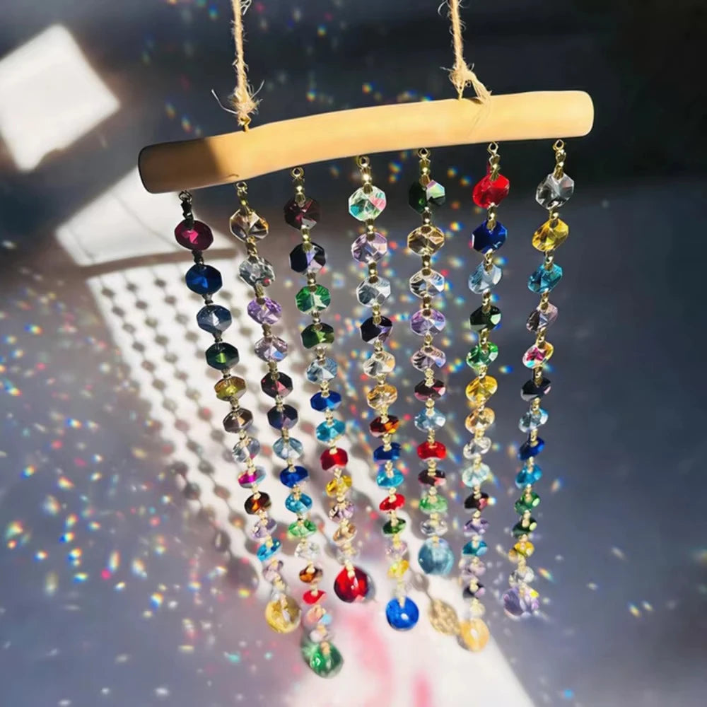 Crystal Bead Wooden Sun Catcher Rainbow Wind Chime Decor