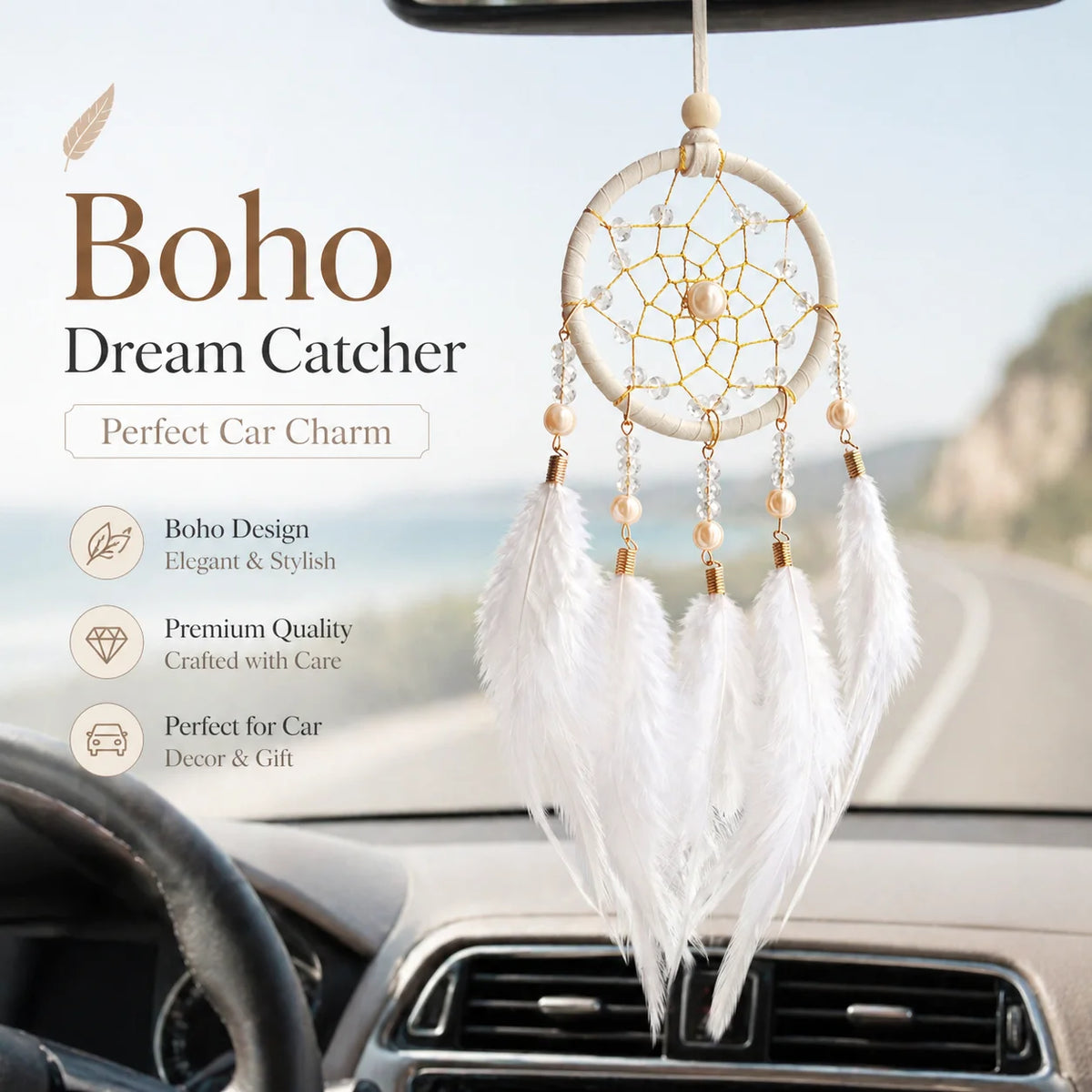 Boho Dream Catcher Ornament – Crystal Beads & Feathers Décor
