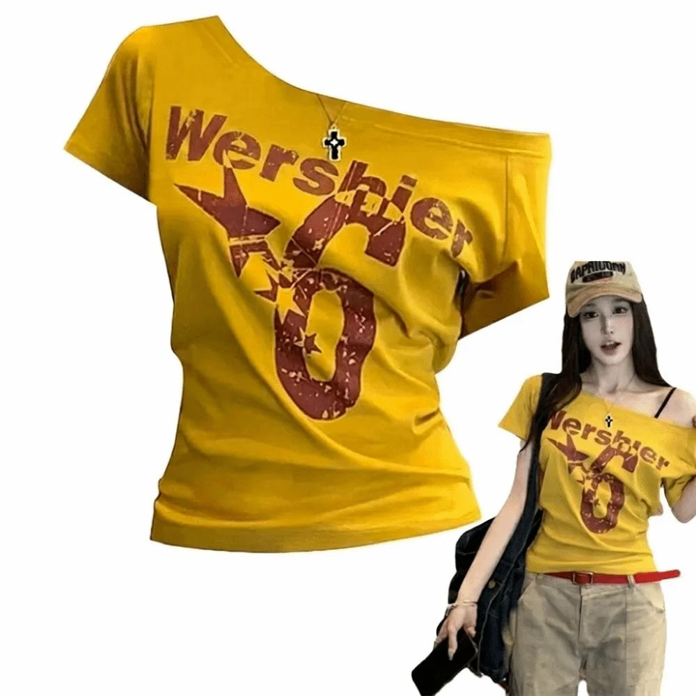 Y2K Off Shoulder Crop Top – Short Sleeve Letter Print Tee