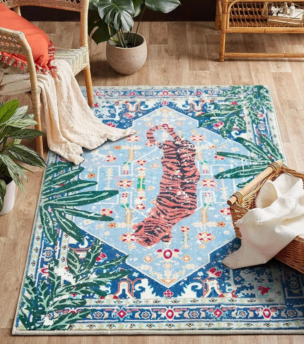 Vintage Tiger Floral Boho Area Rug – Non-Slip Washable Carpet
