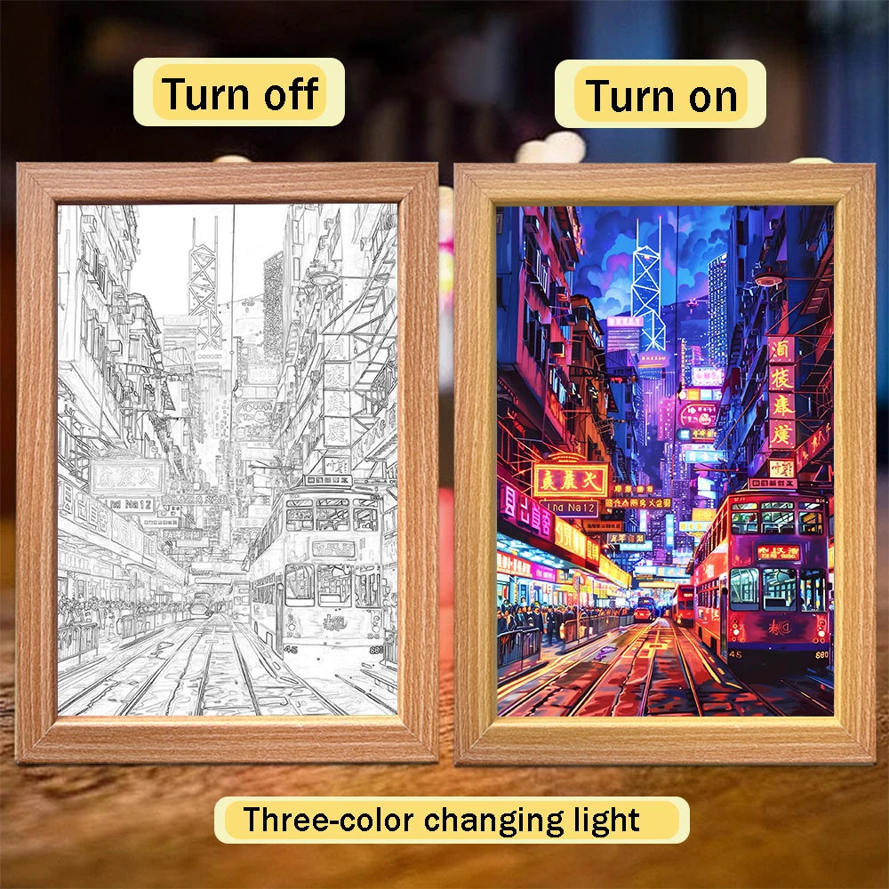 USB LED City Night Scene Light Picture – Wood Frame Wall Art