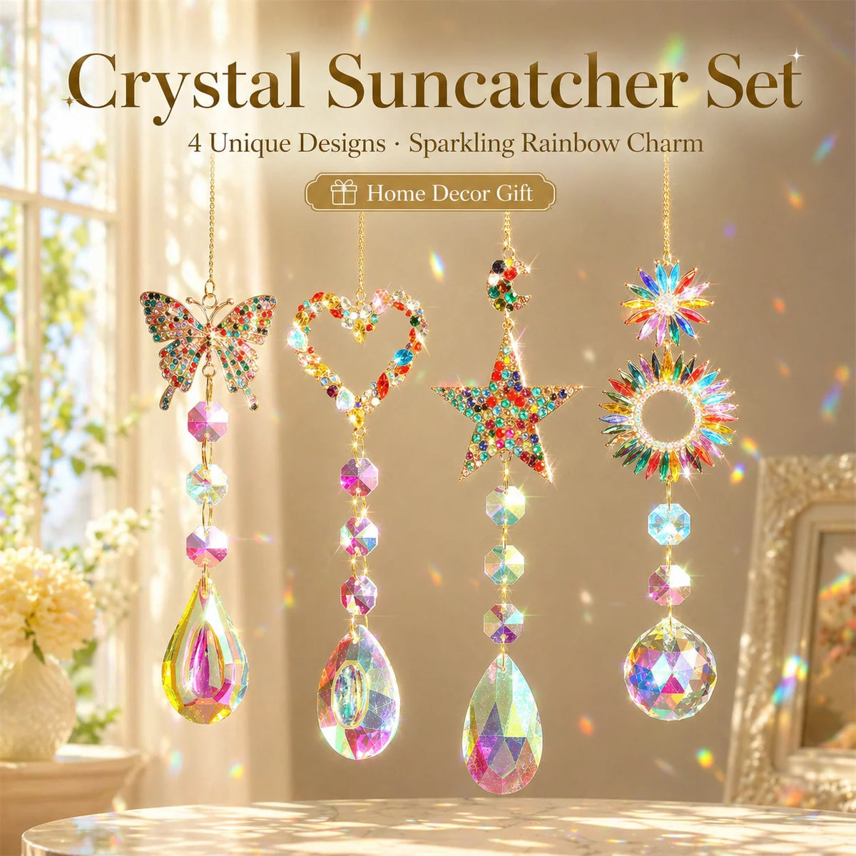 Crystal Suncatcher Set 4Pcs – Rainbow Window Hanging Ornaments