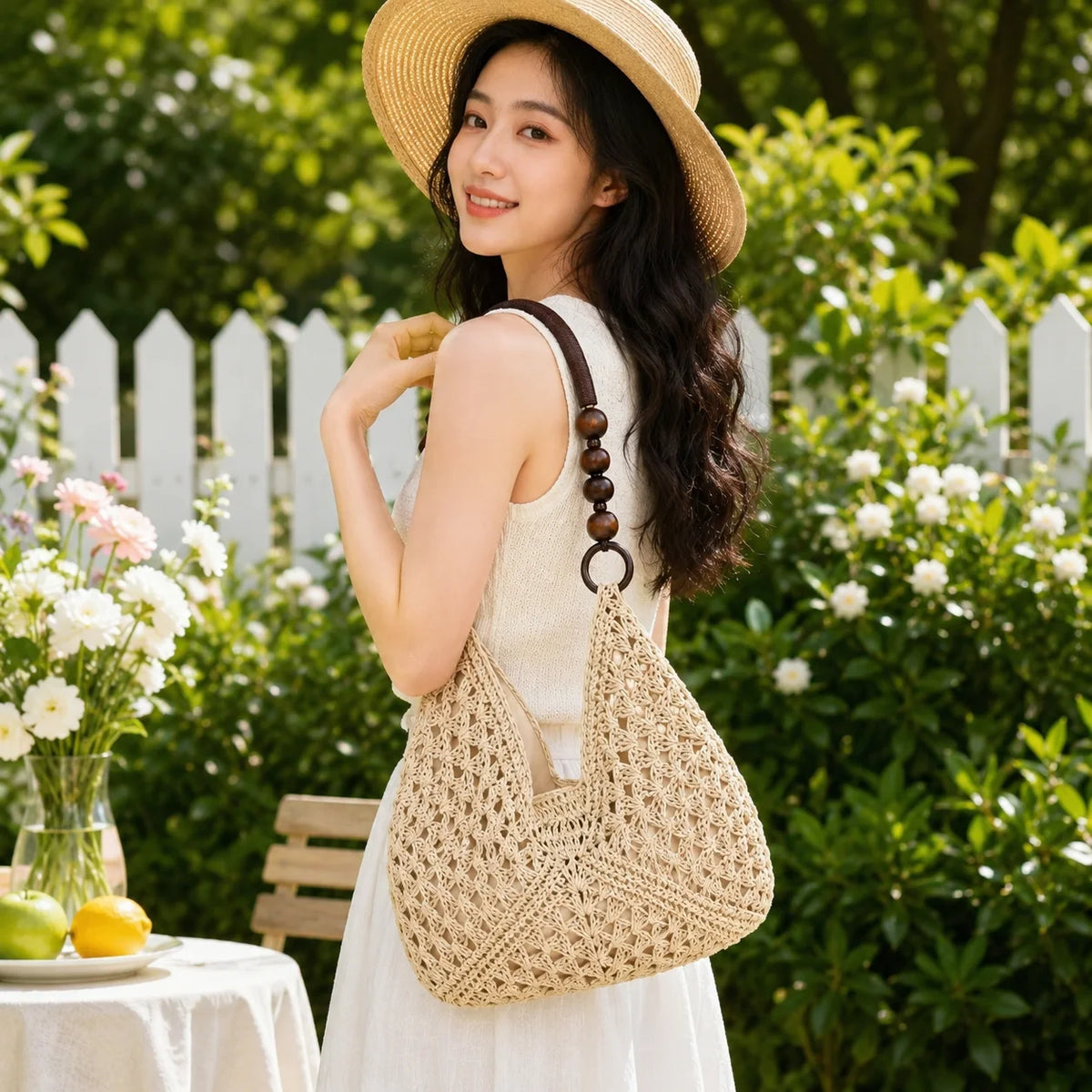 Women's Chinese Style Straw Bucket Tote Shoulder Bag