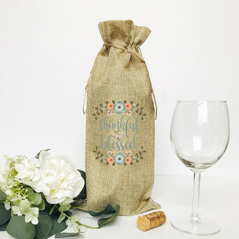 Thankful Grateful Blessed Burlap Wine Bottle Gift Bags