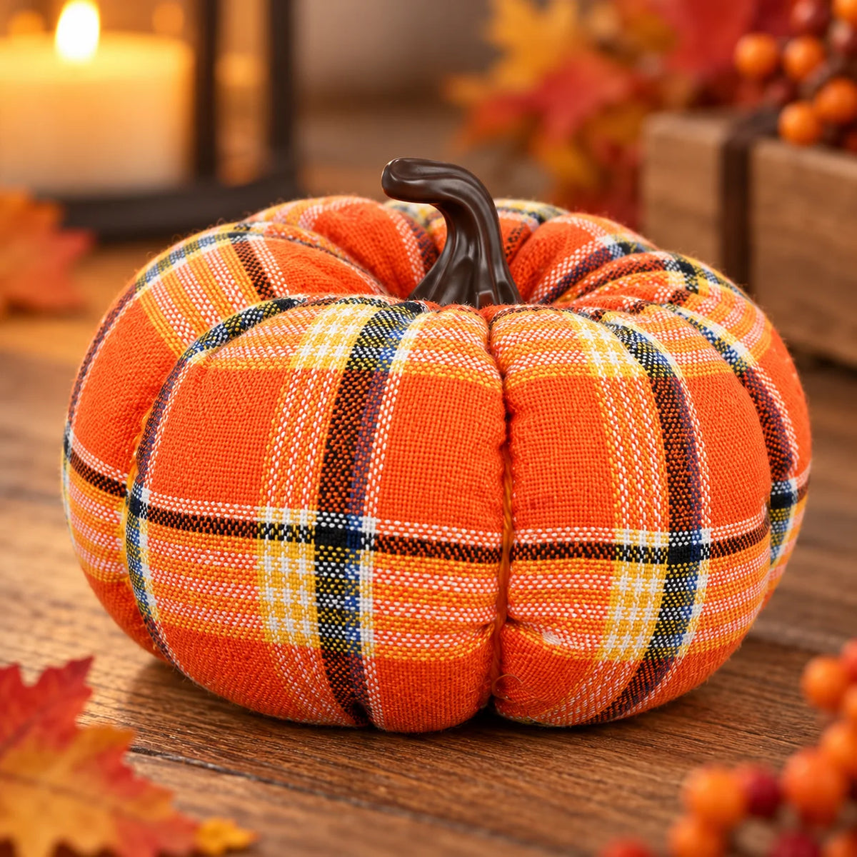 Plaid Fabric Mini Pumpkin Decor – Rustic Fall & Halloween Ornament
