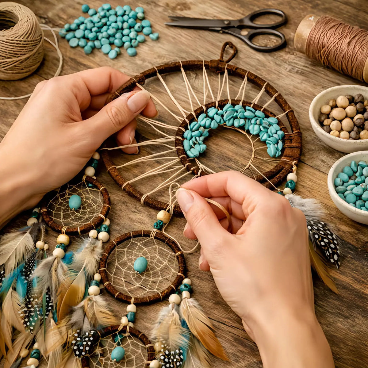 Turquoise Life Tree Dream Catcher – Feather Wall Décor Pendant