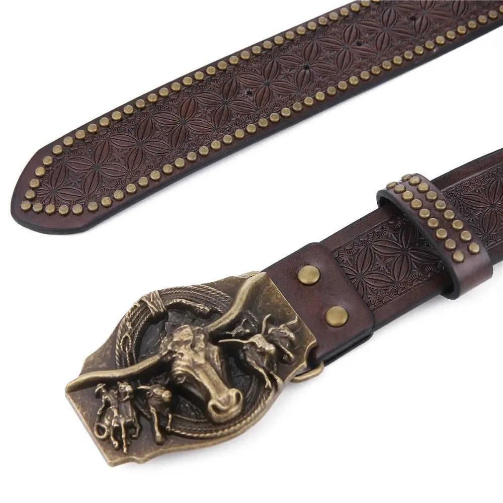 Vintage Western Cowboy PU Leather Belt – Ox Head Buckle