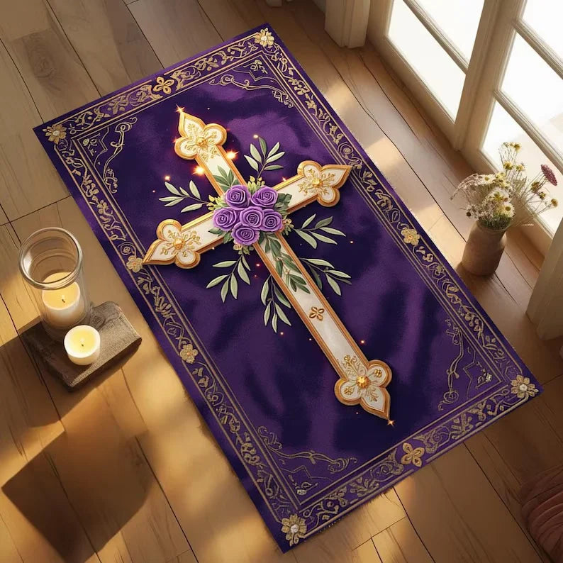 Purple Gold Floral Cross Prayer Rug – Non-Slip Christian Mat