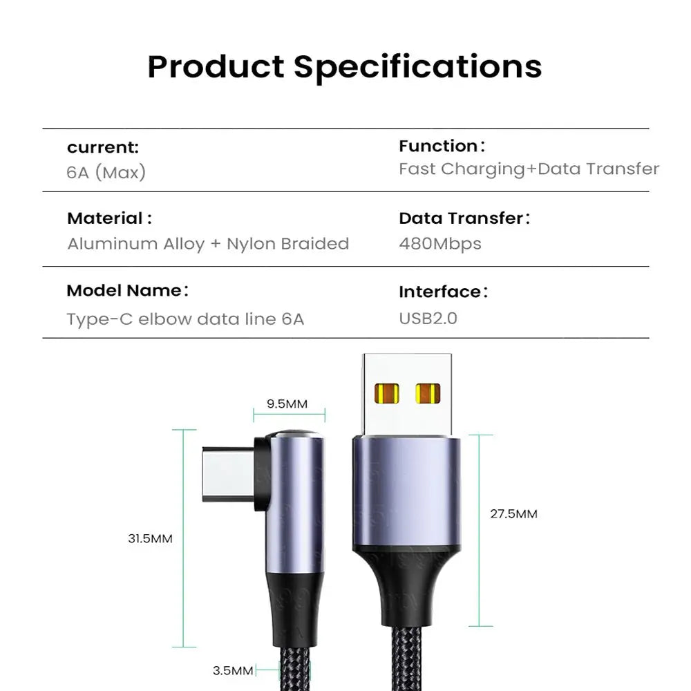 100W PD Right Angle USB-A to USB-C Fast Charging Cable